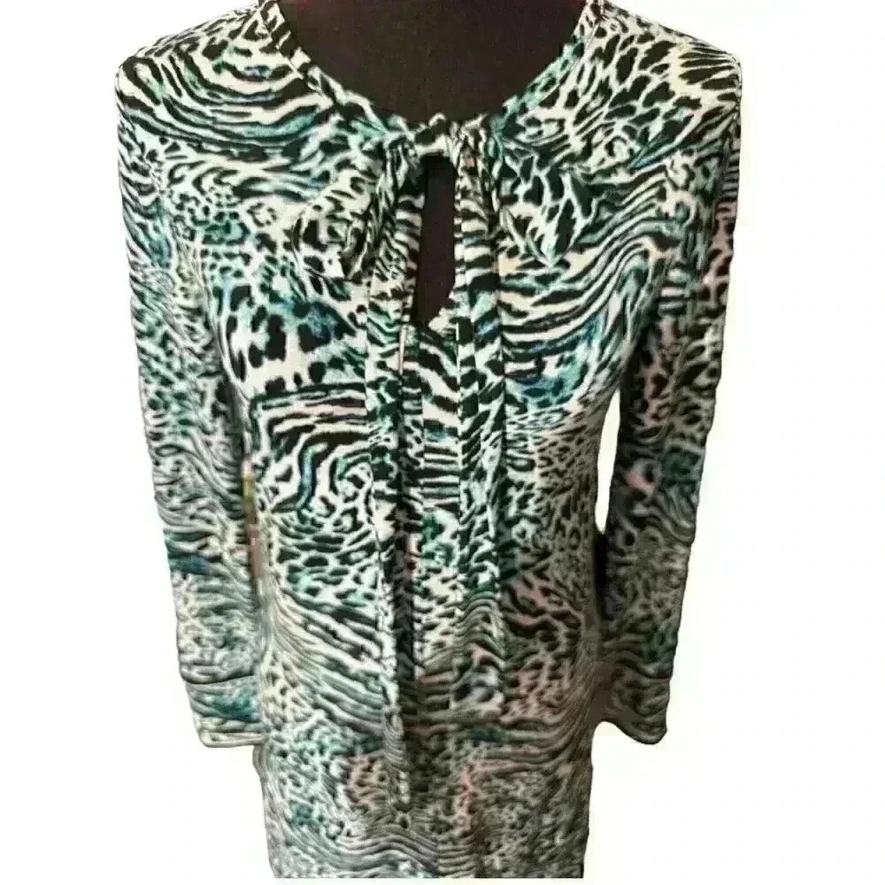 Michael Kors Slinky Animal Print Long Sleeve Mid Dress Size XS Blue & Black
